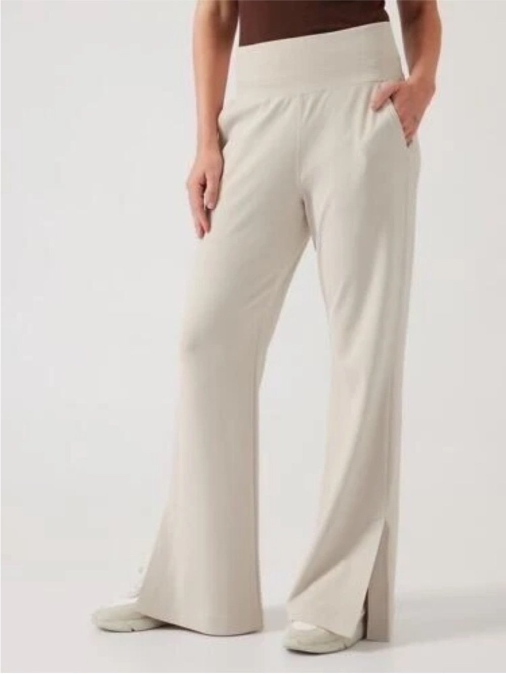 Athleta Venice Flare Cream Wide-Leg Pull-On Abalone Pants with Side Slit